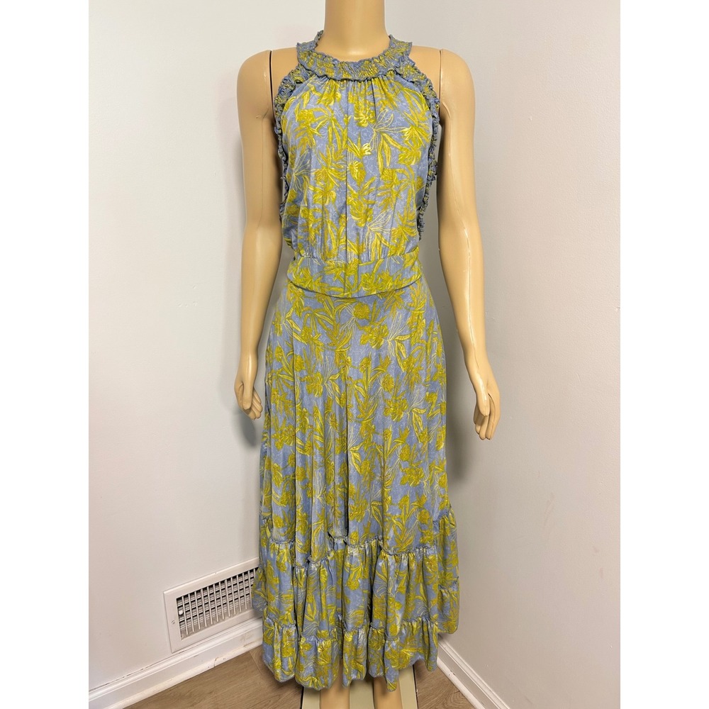 Ble Resort Collection Blue Yellow Floral Crepe‎ Halter Tiered Maxi Dress Formal